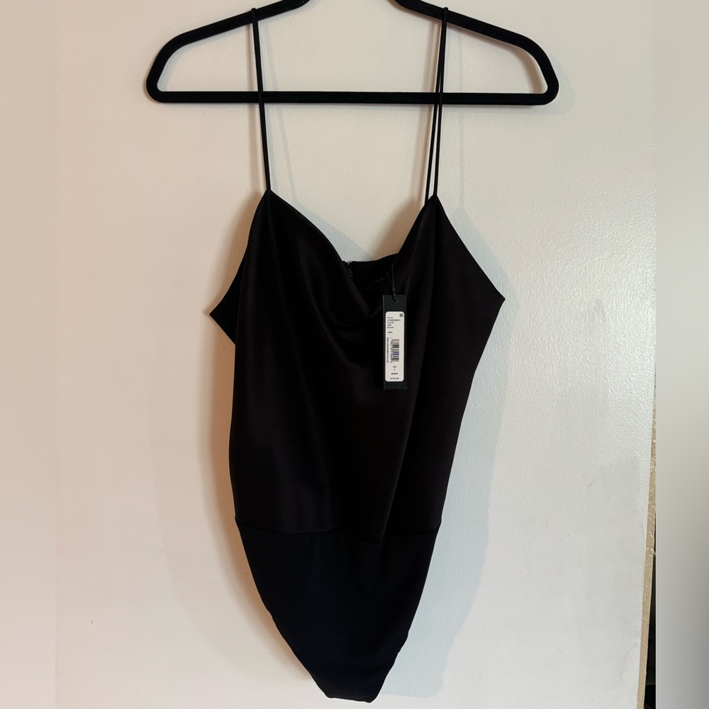 ALICE + OLIVIA  Harmon Satin Black Bodysuit Size Large
